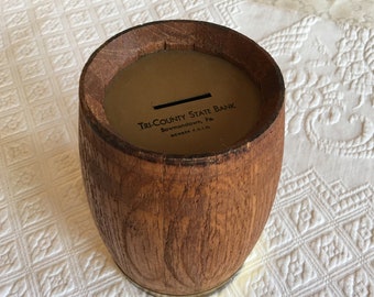 Vintage Wood Barrel Bank. Tri-County State Bank, Bowmanstown, PA Wooden Barrel Bank.