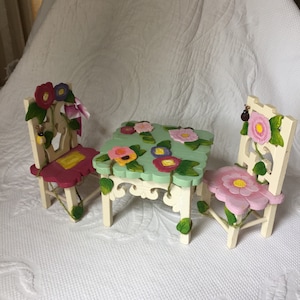 Vintage Painted Doll Table and 2 Chairs. Colorful Flower Designed Chairs and Table. Charming for Small Dolls or Bears.