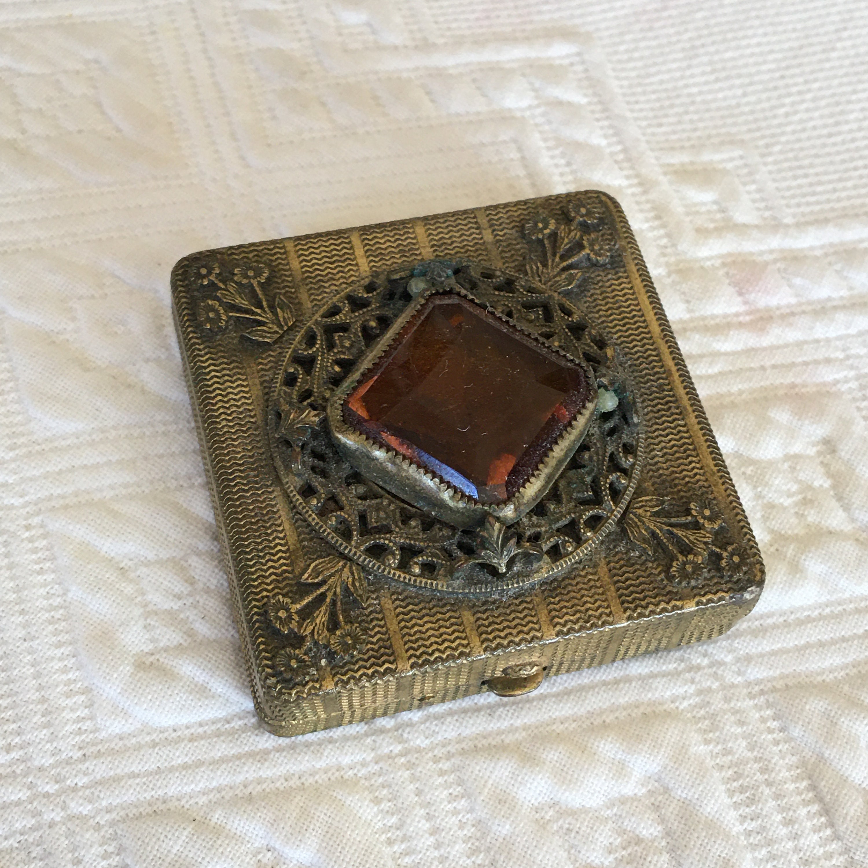 Vintage Brass Frame Pill Box With Set Amber Stone in Filigree Etsy UK