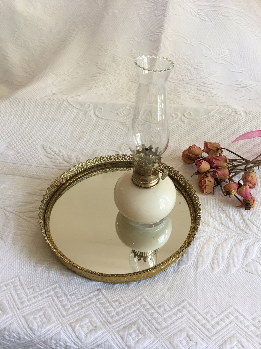 Vintage Mirror Tray. Gold Round Mirror Tray With Openwork Etsy