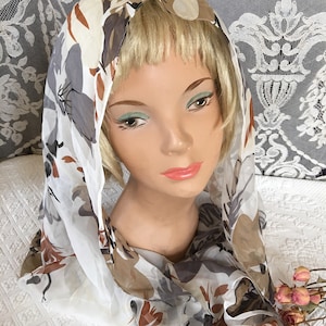 Vintage Rect. Silk Scarf With Floral Print in Off White, Brown, Black and Gray. Rectangular Long SILK SCARF.