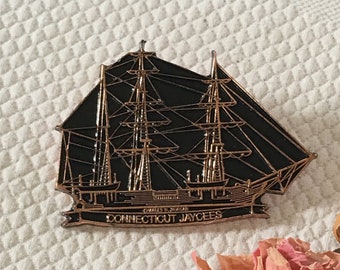 Vintage Connecticut Jaycees Ship Pin in Copper and Black. Charles W. Morgan Written Under Ship.