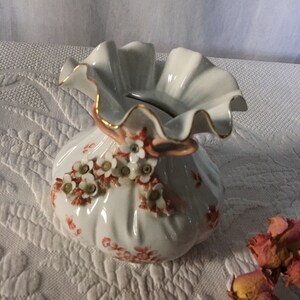 Vintage Porcelain Floral Bank. Money Bag Shaped Porcelain Bank With Dimensional Flowers With Rhinestones.