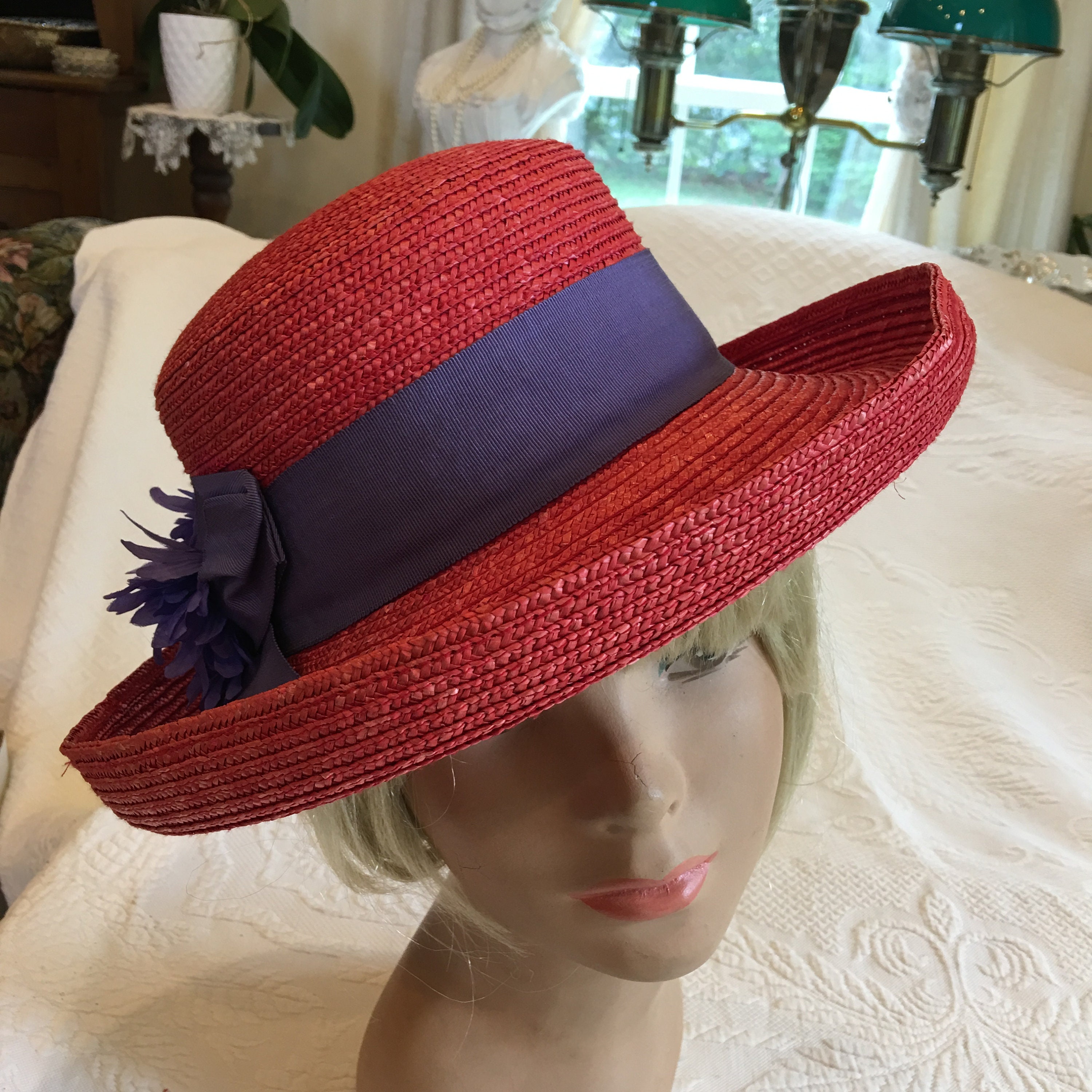 Vintage Betmar New York Red Fedora Straw Hat. Purple Silk 