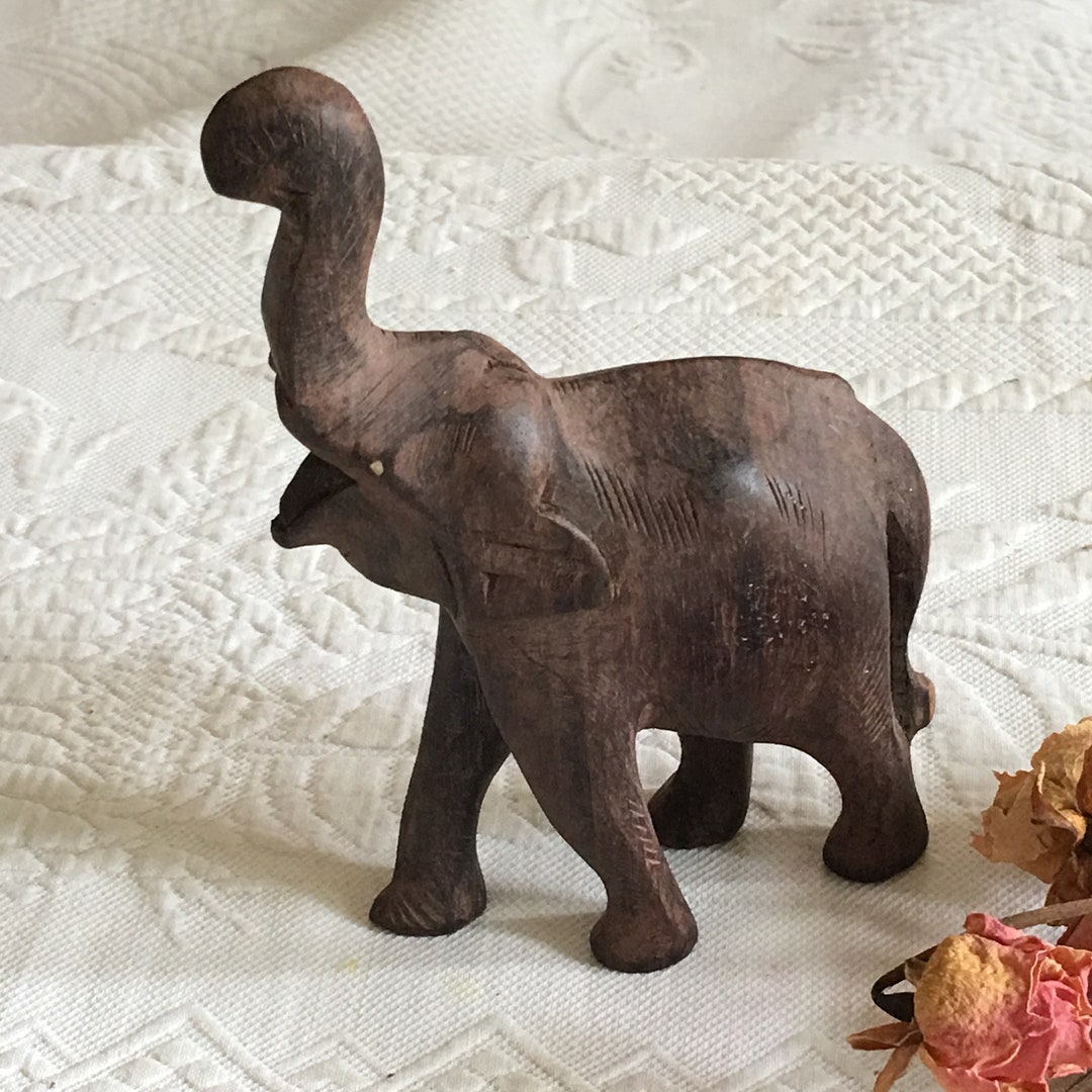Vintage Wood Carved Elephant Figurine. Etched Wrinkles on Elephant's ...