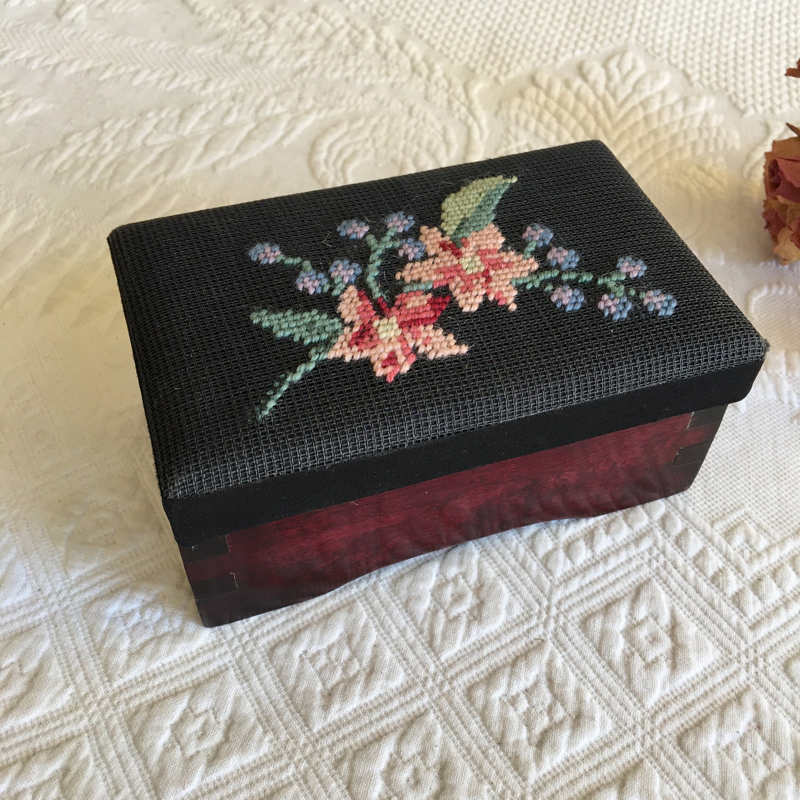Vintage Needlepoint Jewelry Box. Dovetailed Hinged Wooden Box Etsy