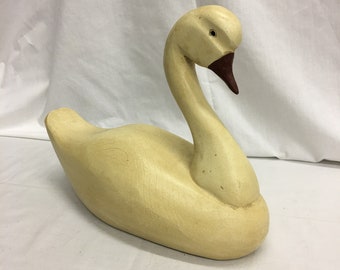 Vintage Wood Carved Swan. Creamy White Painted Swan With Red Beak and Black Eyes. TML Carver.