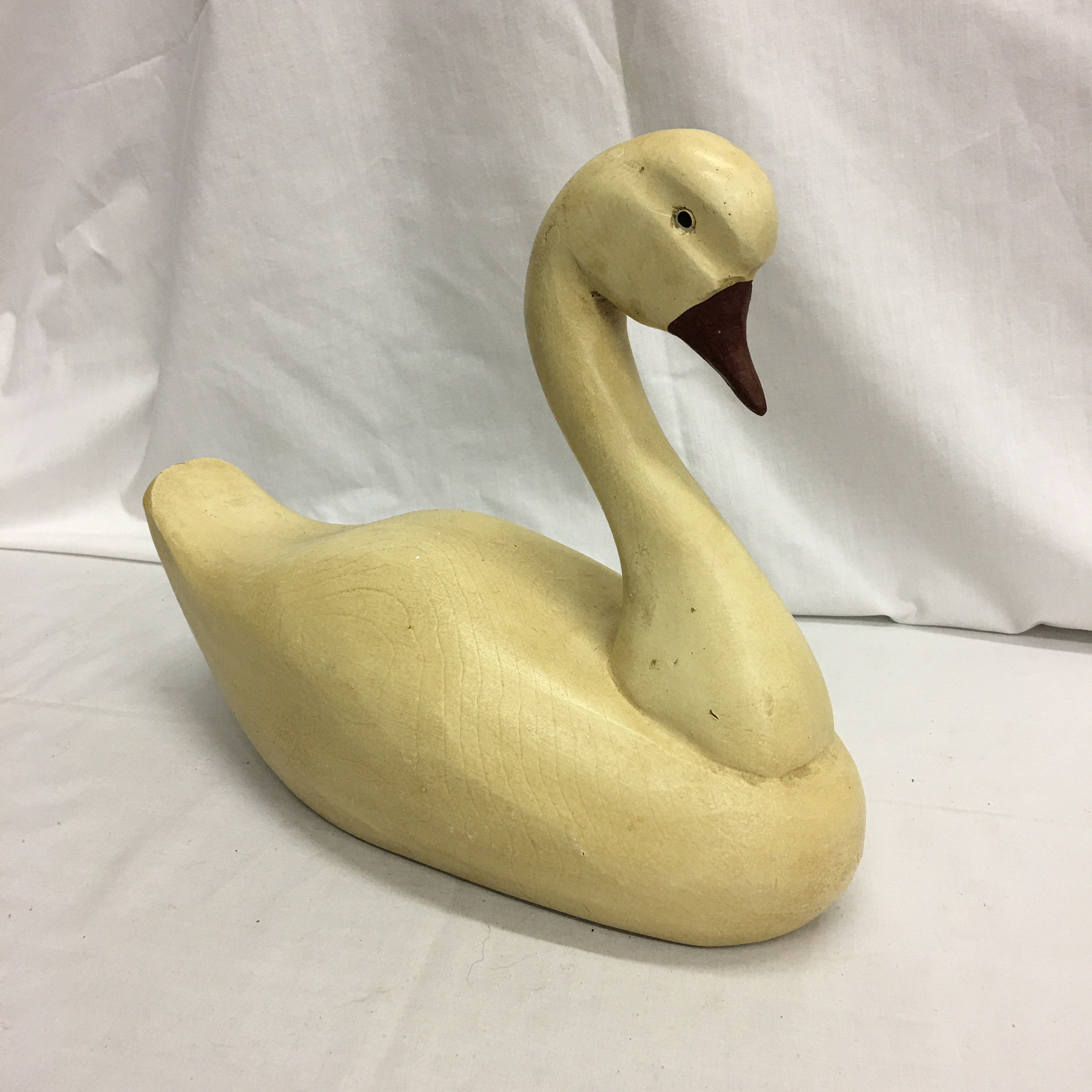 Vintage Wood Carved Swan. Creamy White Painted Swan With Red Beak and Black Eyes. TML Carver.