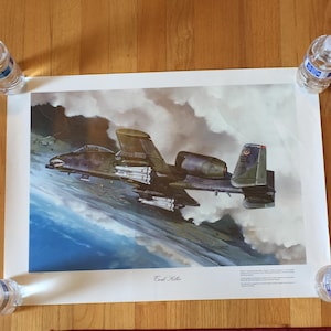 May include: An A-10 Thunderbolt II aircraft print, featuring a detailed illustration of the warplane in flight. The artwork showcases the aircraft's distinctive design, with a dark green and gray color scheme against a backdrop of clouds and sky. The print includes the artist's signature.