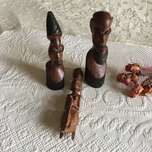 Vintage 3 Wood Carved African Figures. Man and Woman Couple and Lady with Jar on Head, Baby on Back and Churning. Topless Dress.