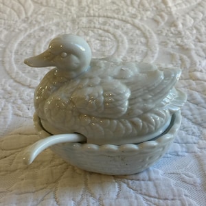Vintage Ceramic Duck on a Basket Condiment Serving Bowl with Lid and Spoon. White Ceramic Duck and Basket Bowl.