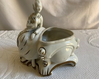 Vintage Porcelain Flower Pot Figurine with Lady Leaning Over Pot. Made in Japan. Use to Hold Flower or Trinkets.