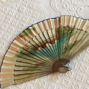 Vintage Wood and Paper Hand Painted Fan. Scene of Bridge over Water and Green and Pink Bushes and Trees. Use or Display Fan.