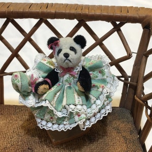 Vintage Miniature Panda Bear Feminine Girl with Frilly Dress and Parasol. Charming Doll House Bear. Handmade w/ Moveable Head, Arms & Legs.