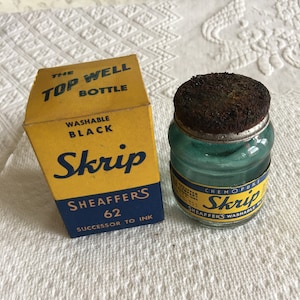 Vintage Washable Black Sheaffer&#39;s Skrip Ink Empty Bottles. 2 Ounce Bottle for Fountain Pen Ink. Built In Inkwell.