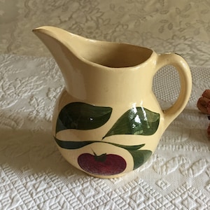 Antique Watt Apple Pitcher. Cream or Small Milk Pottery Pitcher Made in USA by Watt. Red and Green on Yellow Pitcher.