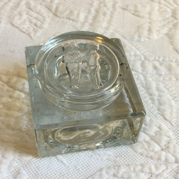 Vintage Clear Crystal Ink Well with Boy and Girl on Lid. Clear Glass Inkwell Embossed Lid. Clear Crystal Inkwell. Girl Wearing Mini Skirt.