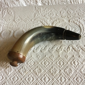 Antique 1800s Powder Horn. Multi Black, Blue, Green and Tan Colors Blending. Turned Wood Throat Stopper. Groove to Hold Leather Strap.