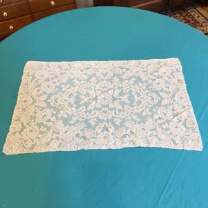 Könnte beinhalten: Cremefarbene Spitzendecke mit floralem Muster. Die rechteckige Decke besteht aus zarter Spitze und wird auf einer türkisfarbenen Oberfläche präsentiert. Das komplizierte Design zeigt verschiedene Blumen- und Blattmotive.