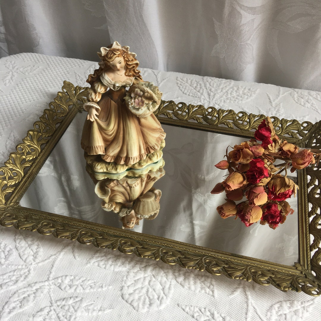 Vintage Gold Mirrored Dresser Tray With Four Feet. Dull Gold Finish and