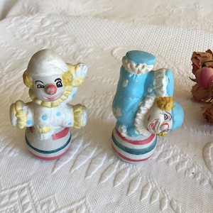 Vintage 2 Ceramic Clown Figurines. Clowns Sitting or Preforming on Balls. Set of Matching Companion Clowns.