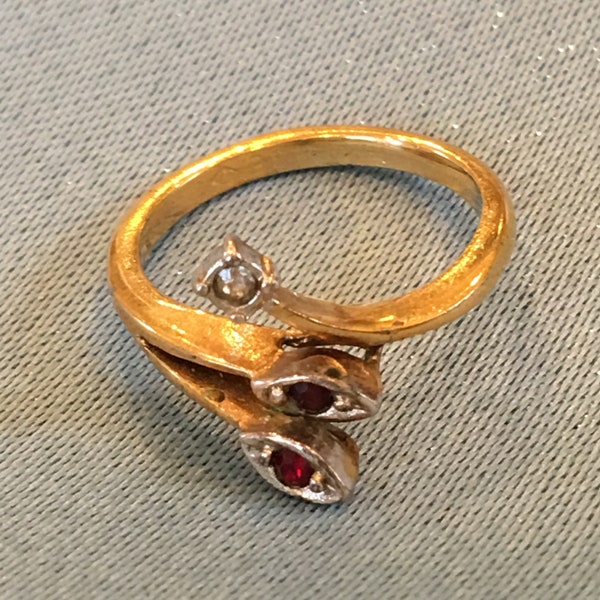 Vintage 18 Kt. HGE Companion Ring With One Diamond and Two Red Stones.