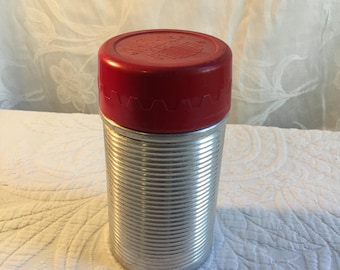 Vintage Thermos #5286 Vacuum Bottle by The American Thermos Products, Norwich, Conn. Fluted Silver or Geometric Green Cannister w/ Forks.