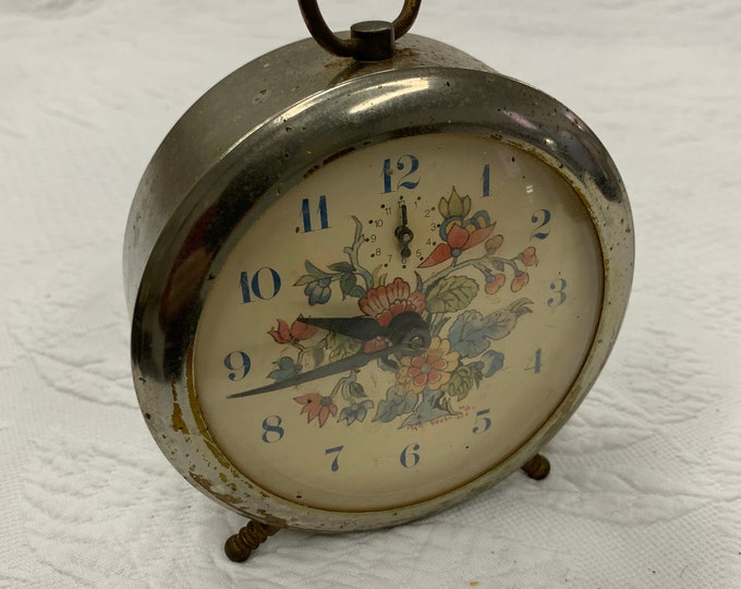 Vintage Lux Clock Robert Shaw Controls. Floral Design Clock. Alarm Small Dial on Front. Ring on