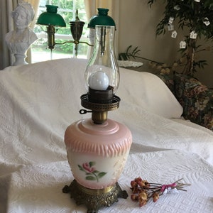 Antique Glass Victorian Lamp With Hurricane Shade. Gold Ornate Metal Base for Pink and Floral Frosted Glass Base. Feminine Lamp.
