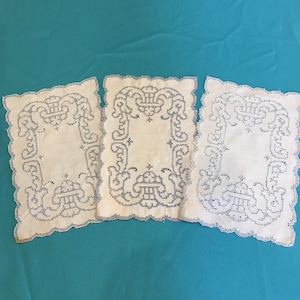 Vintage 3 Linen Doilies. Pulled Thread Work and Openwork. Blue Stitching on White. Pulled Thread Design Around the Edge. Lovely, Feminine.