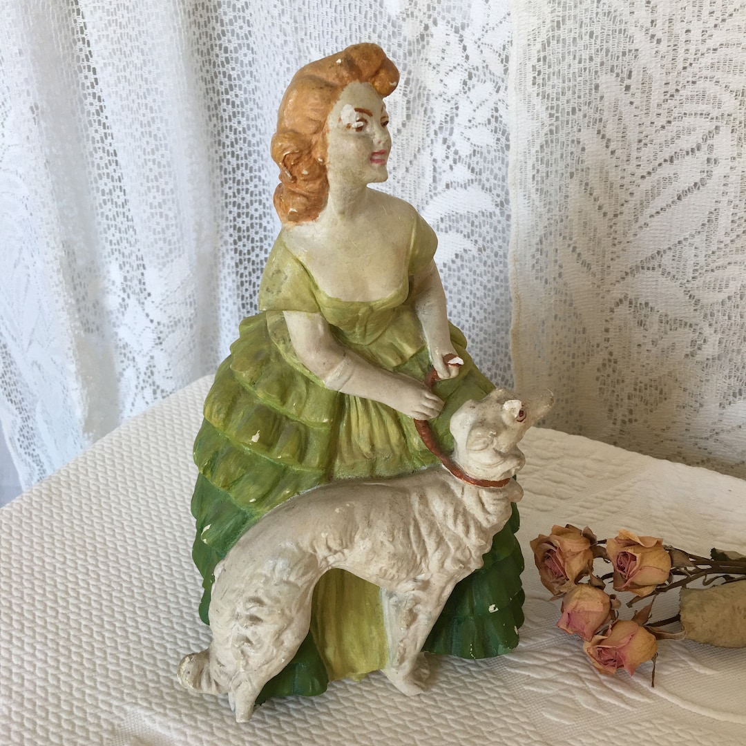 Vintage Chalkware Lady and Her Dog Figurine Sculpture. Blonde Hair