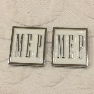 Vintage Metal Initial Plaques. Stick On Initials MEP in Silver and White Enamel with Silver Frame. New and Never Used.