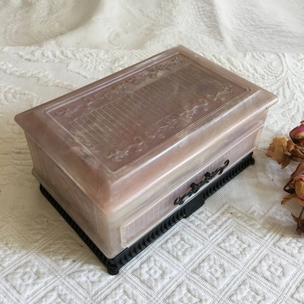 Vintage Talisman by Deltah Jewelry Box. Pink Marbleized Plastic Box with Drawer and Satin Lining. Swirling & Stylized Animal Designs.