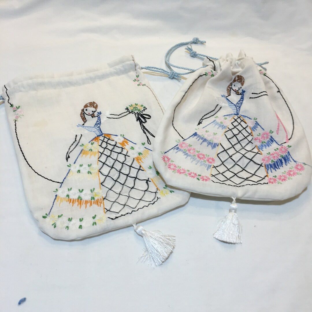 Handmade Embroidered Linen Reticule Purse. White Tassel, Light Blue ...