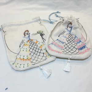 Handmade Embroidered Linen Reticule Purse. White Tassel, Light Blue Twisted Cord Drawstring. White Silk Lining. Charming Reticule.