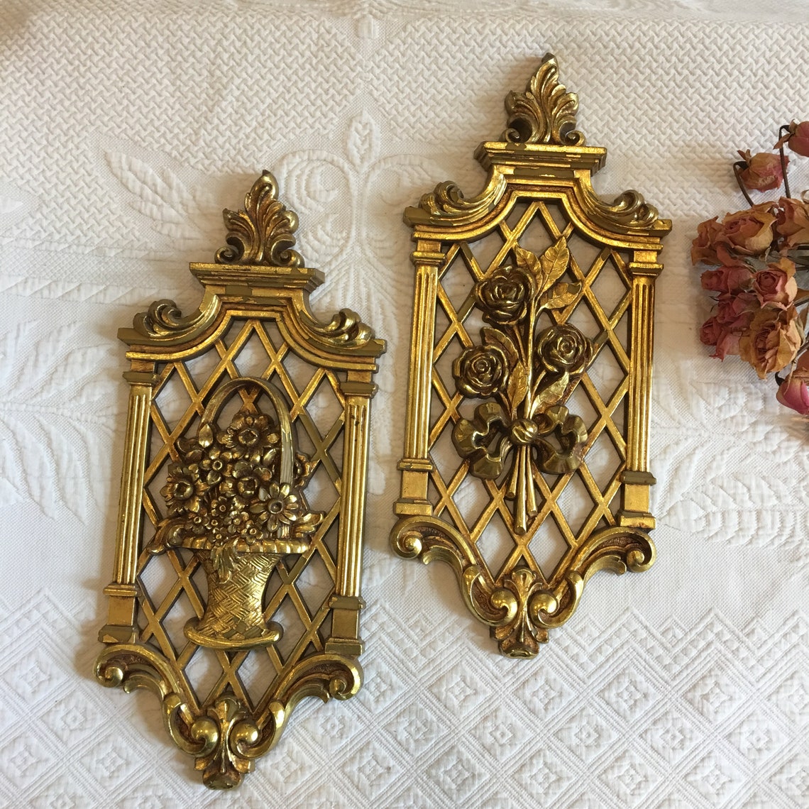 Vintage Gold Painted Wall Plaques With Flower Designs. Fancy Etsy