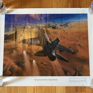 May include: A print titled "Falcons in the Fold: A Desert Storm" depicts a fighter jet soaring over a desert landscape. The artwork features a blue sky, brown desert terrain, and the jet in shades of gray and blue.