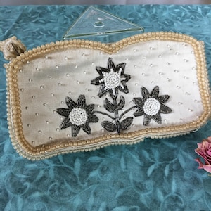 Vintage Off White Clutch Bordered With Beads and White Seed Beads All Over.  Grey Bugle Beads and White Seed Beads Making Flowers on Front.