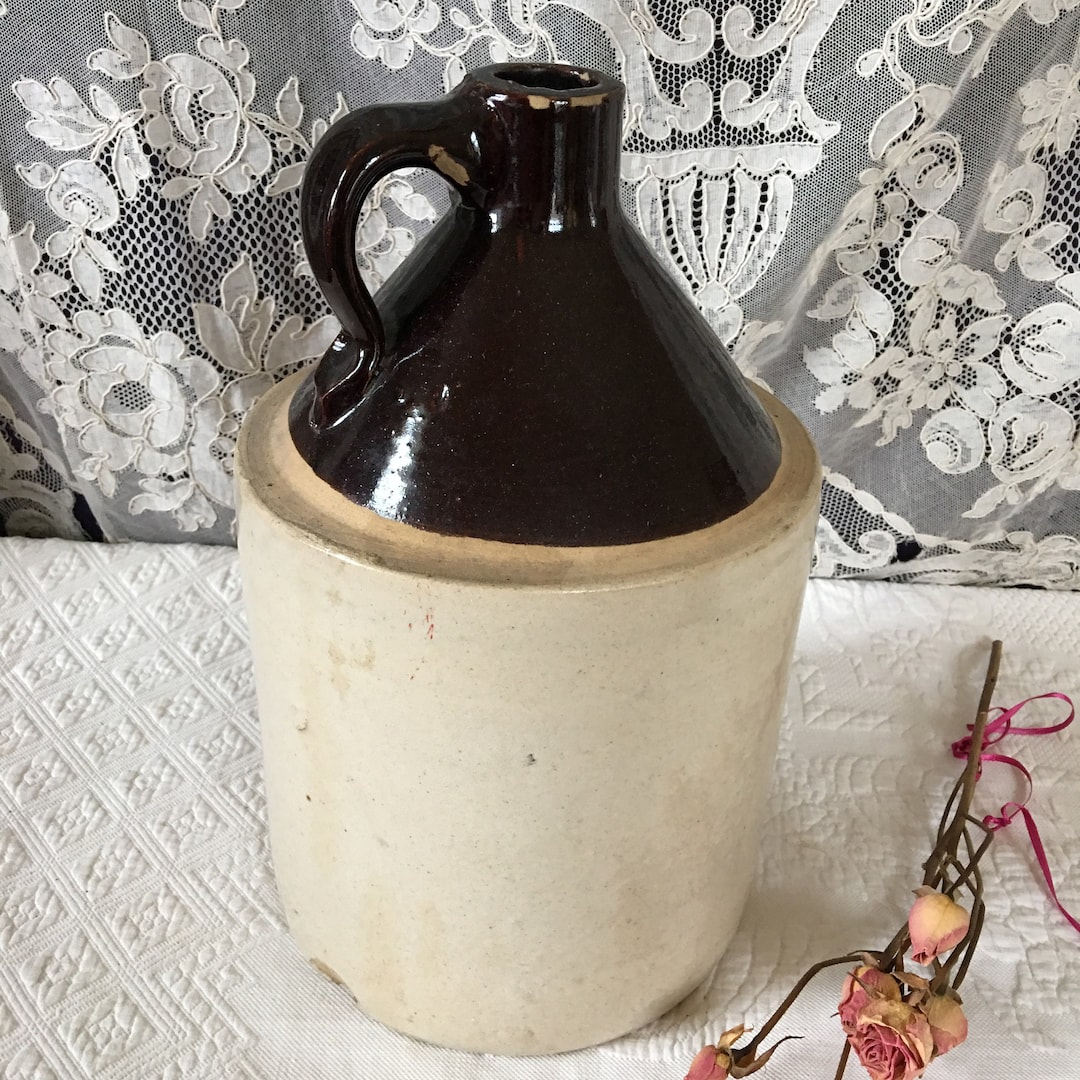 Antique Brown Jug With Handle. Brown and Beige Pottery Jug. Stopper Would Be a Cork. Brown Jug