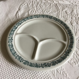 Vintage Shenango Divided Dinner Plate. Restaurant, Diner Plate in Green and White Floral Border. Sold in Pairs.