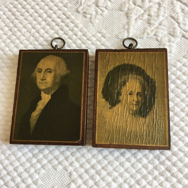 Antique George and Martha Washington Miniatures. Stuart Portrait Pictures Attached to Wood with Rings to Hang. Old Crackled Print Plaques.