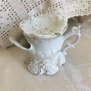 Vintage Shaving Mug Fancy White Porcelain with Gold Painted Leaf and Floral Details. Great for Use or Display.
