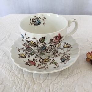 Vintage Staffordshire Bouquet Ironstone Cup and Saucer. Brown Designs With Splashes of Blue, Yellow, Green and Pink. England, Johnson Bros.