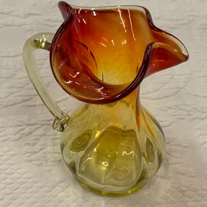 Vintage Art Hand Blown Glass Pitcher With Handle and Pinched Spout. Yellow and Red Coloring. Curved Fluted Design. Lovely Cream Pitcher.