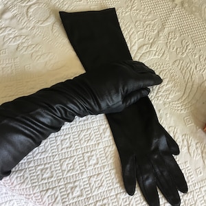 Vintage Fownes 7 1/2 Black Nylon Gloves. Shiny Black Elbow Gloves. Great for Costuming or Evening Wear. Lovely.