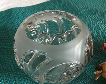 Vintage Round Candle Frosted and Clear Curlie Cue Wave Designs with Scalloped Upper Edge. Use with Votive or Faux Candle.