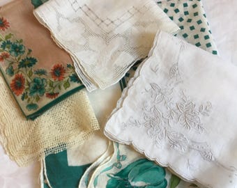 Vintage 6 Aqua and White Hankies in Linen and Cotton. Beautiful Embroidery and Pulled Thread, Overall Floral Patterns.