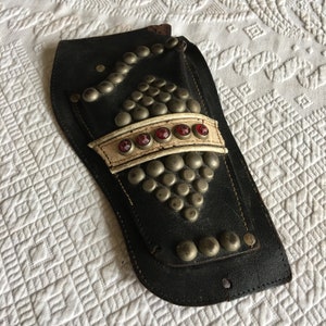 Vintage Leather Hobnail Studs Holster for Western Play. Insert Belt Through Top Flap. White Belt Decoration w/ Red Star Gems. Great Display.