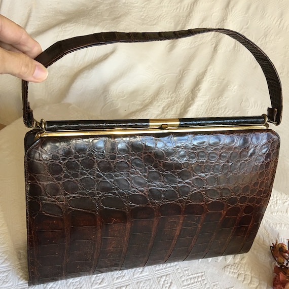 Vintage Classic Kelly Purse Dark Brown Alligator … - image 1