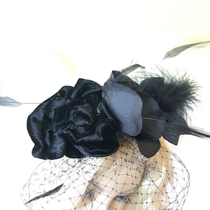 Fascinator Hat, Black Velvet, Silk Roses, Stripped Goose Feathers, a Marabou Wispy Feather. Head Band and Hair Clip. Black Bird Cage Veil.